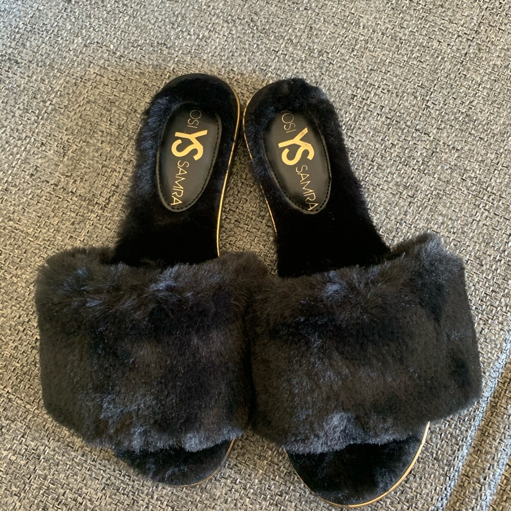 Yosi Samra black faux fur slipper